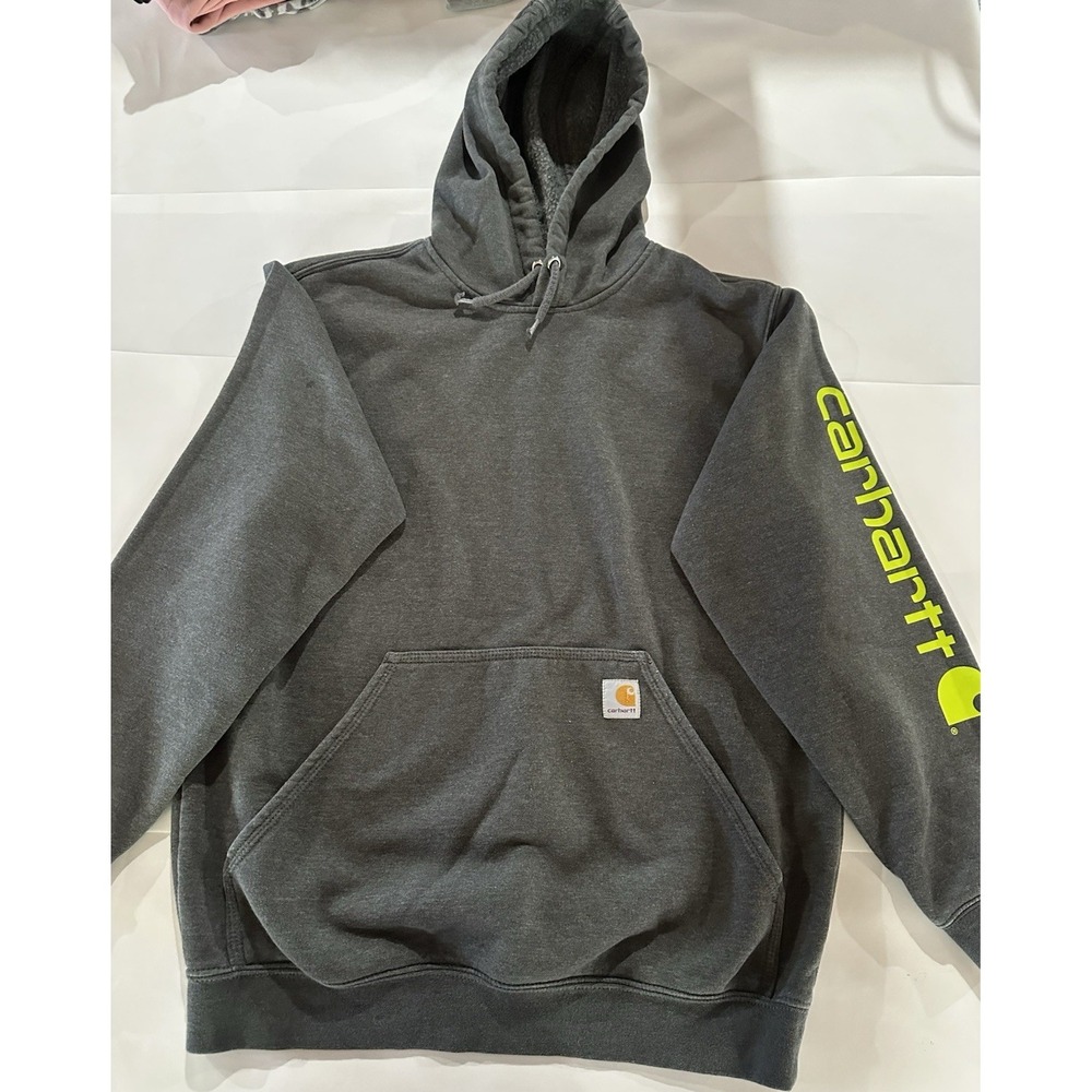 Carhartt Gray Logo Fleece Pullover Hoodie Drawstring Pockets Cotton Blend Size M